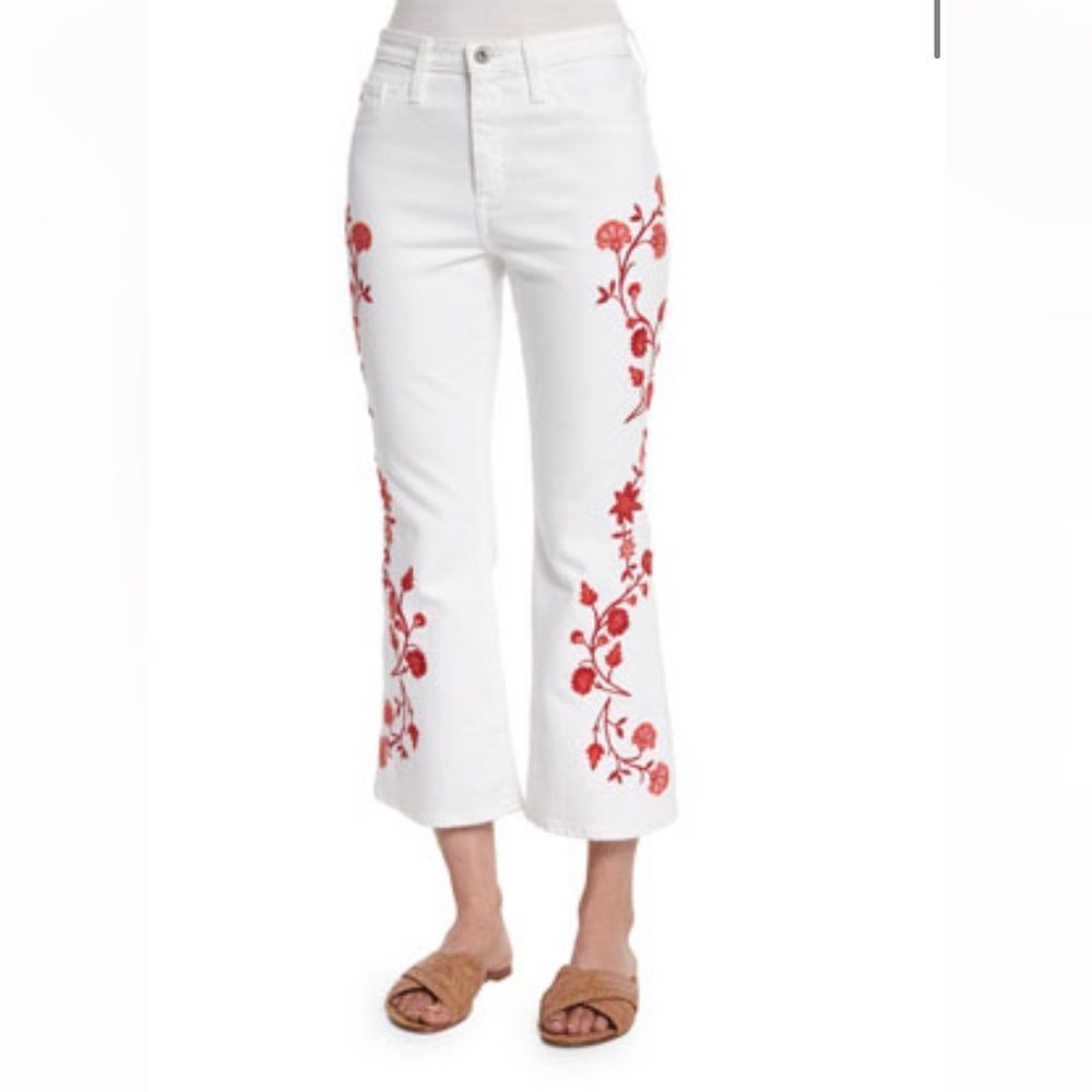 AG Adriano Goldschmied Jodi Embroidered Flare-Leg Cropped Jeans, White